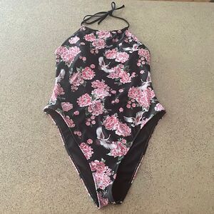 Black halter neck one piece swimsuit with roses and cranes print